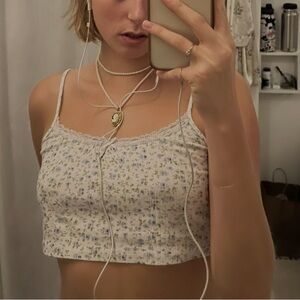 Brandy Melville Floral Crop Top - White and Blue, lace trim and bow tie
